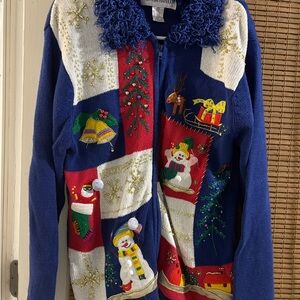 Holiday Themed Blue Cardigan Sweater